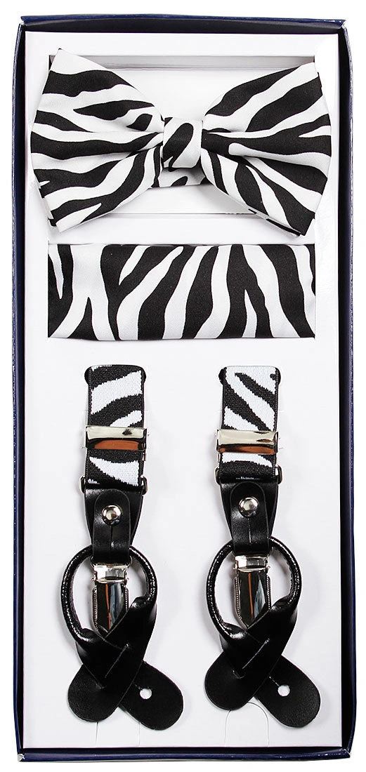 Gestreifte Zebra-Schwingungen: Hosenträger, Fliege und Einstecktuch – ein stilvolles Trio für den modebewussten Mann.